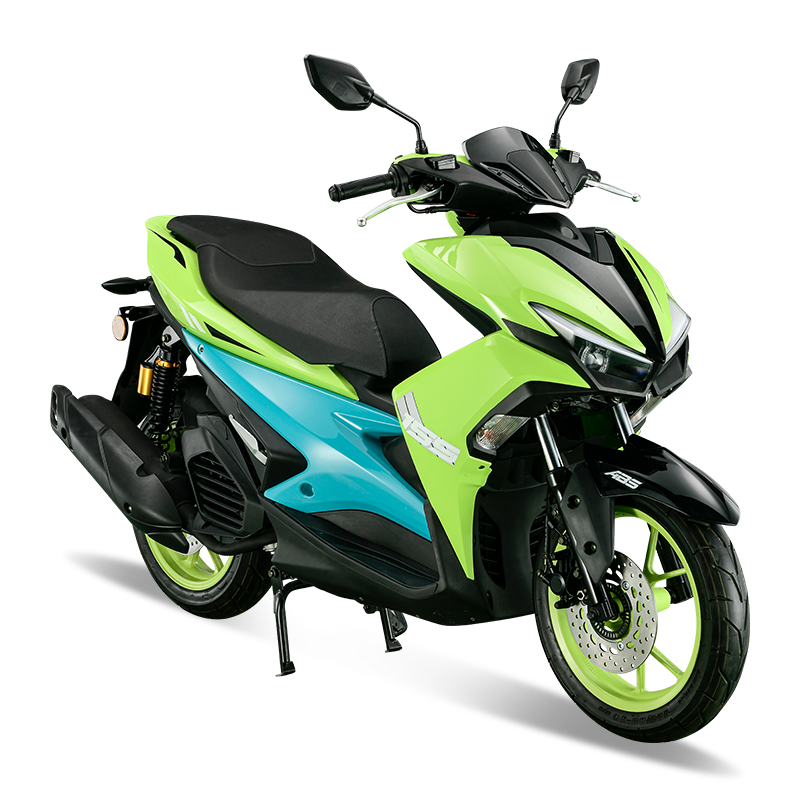 Stylish lime green and blue scooter with black comfortable seat, modern sporty design, perfect for city commuting and everyday rides.