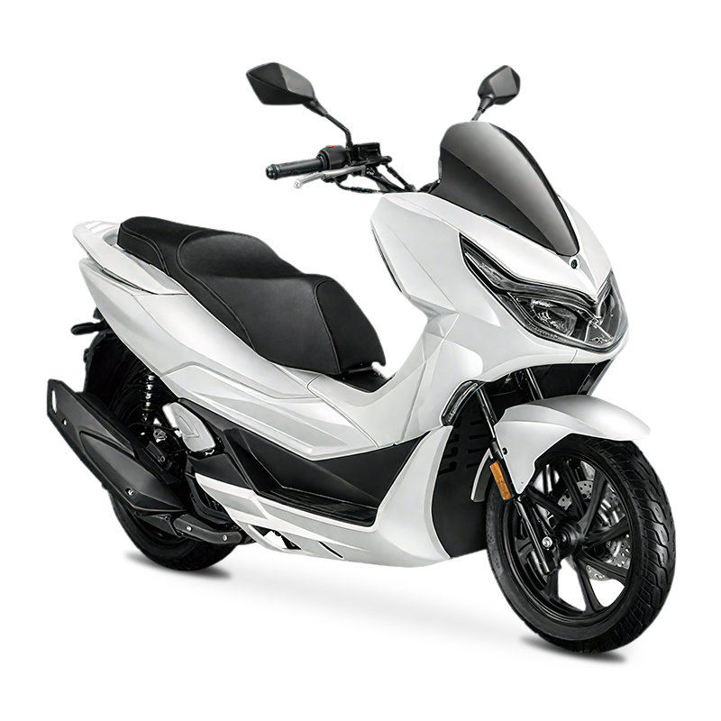 Modern white scooter with black seat and sleek design, featuring a comfortable ride and stylish look, perfect for daily city commuting and urban travel.