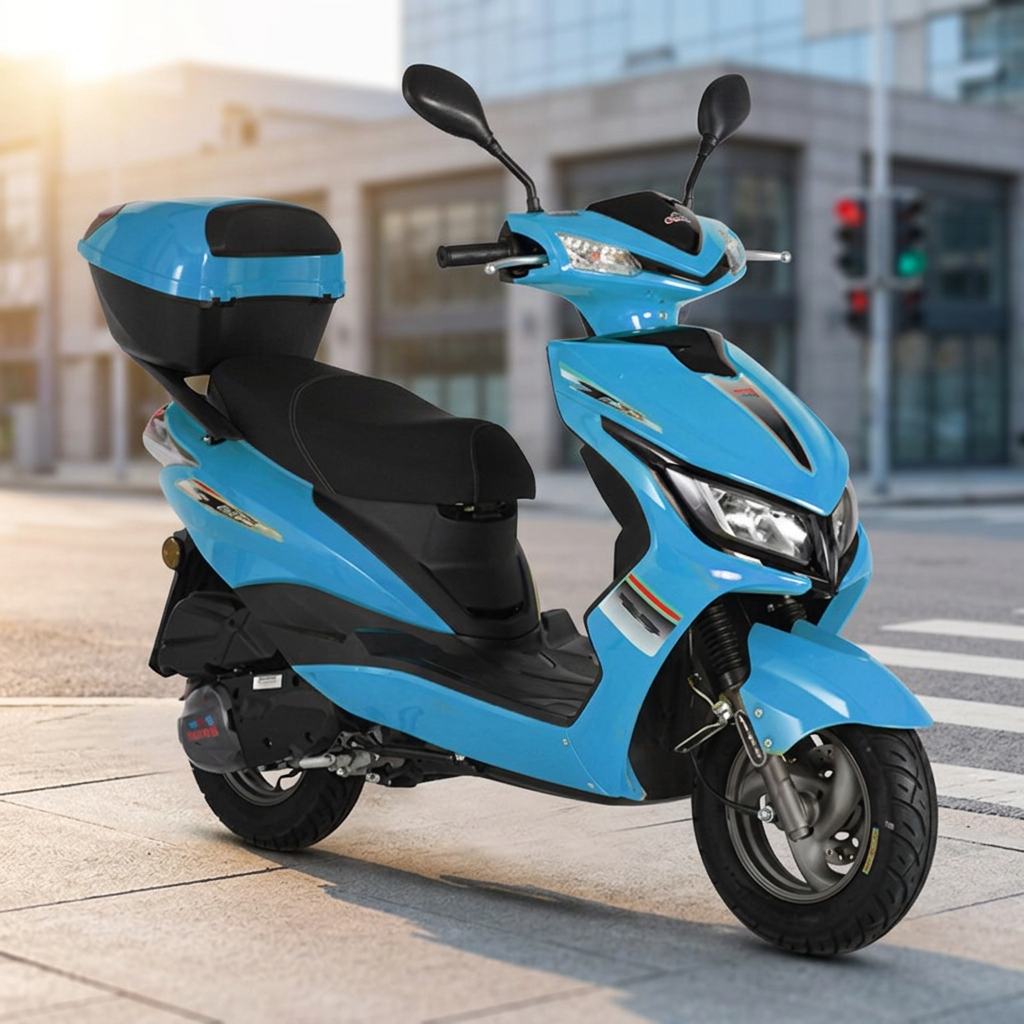 Blue hybrid scooter motorcycle parked on an urban street corner during morning commute.